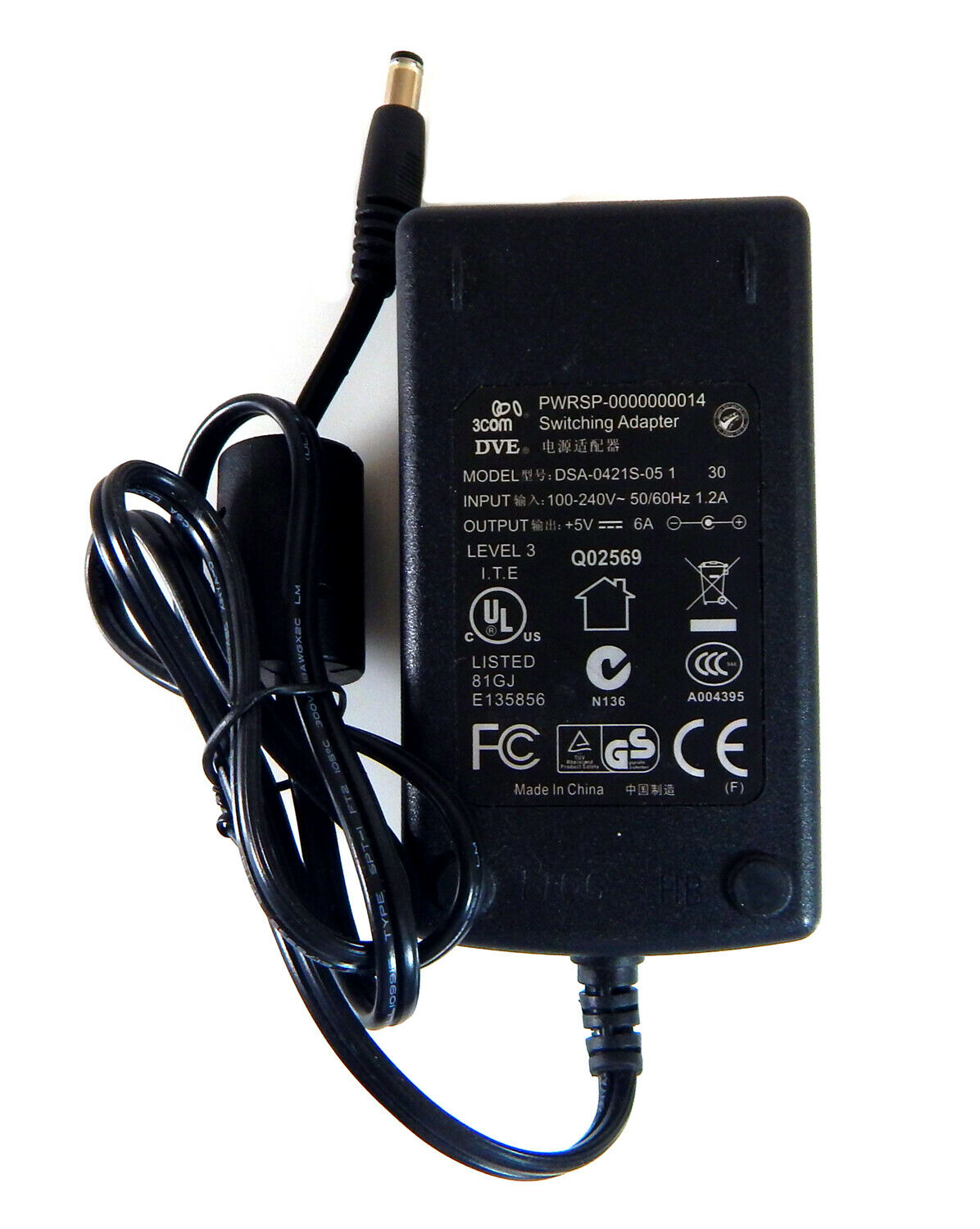 DVE 3COM 5VDC 6A Switching AC Adapter New DSA-0421S-05 PWRSP-000014 MPN: DSA-0421S-05 Brand: 3Co