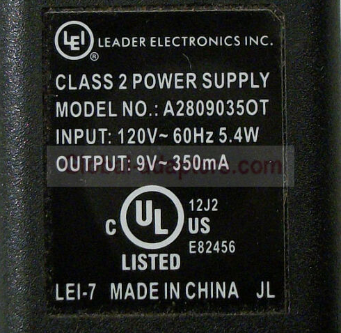 NEW 9V 350mA LEI A2809035OT Ac Power Supply Adapter - Click Image to Close
