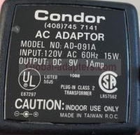 NEW 9V 1A CONDOR AD-091A AC Adapter - Click Image to Close