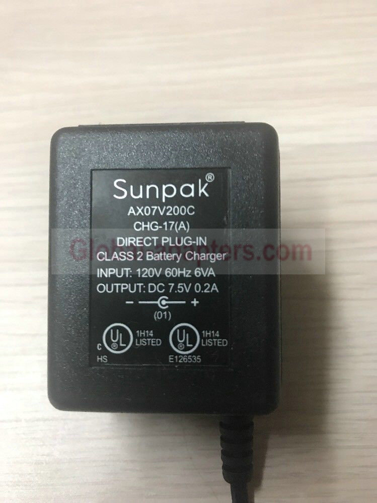 NEW 7.5V 200mA SUNPAK CHG-17A AX07V200C Ac Adapter - Click Image to Close