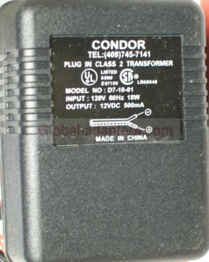 NEW 12V 500mA CONDOR D7-10-01 PLUG IN CLASS 2 TRANSFORMER Ac Adapter