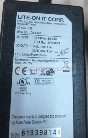 New 5V-12V 1.5A Lite-ON DA30C01 AC Power Supply Adapter - Click Image to Close