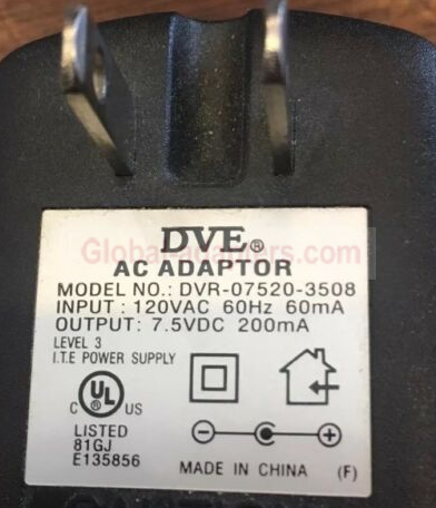 New 7.5V 200mA DVE DVR-07520-3508 Ac Adapter
