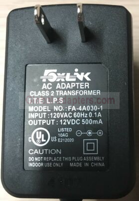 NEW 12V 500mA Foxlink FA-4A030-1 AC Power Supply Adapter - Click Image to Close