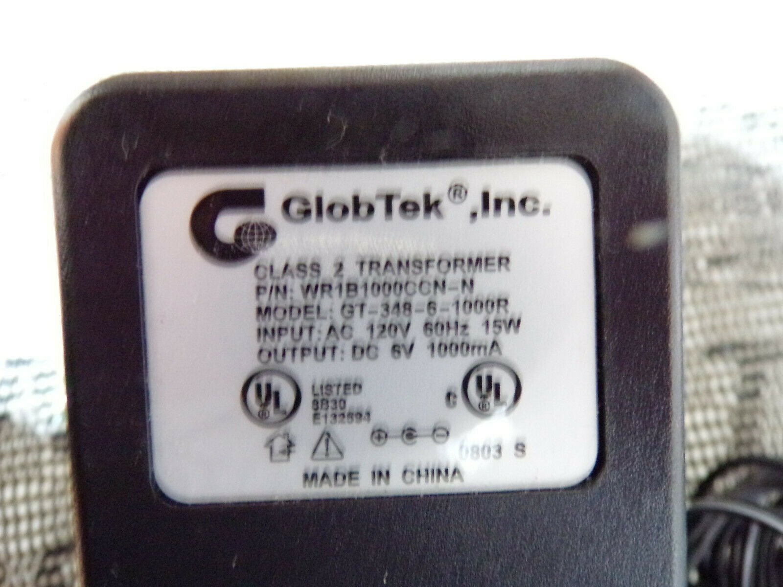 GLOBTEK GT-348-6-1000R AC ADAPTOR P/N WR1B1000CN-N 120/V AC - 6/V DC OUTPUT Type: AC/DC Adapter C