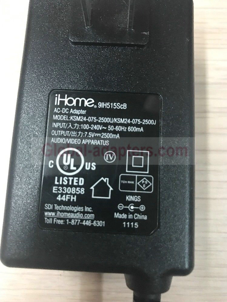 NEW 7.5V 2.5A iHome KSM24-075-2500U KSM24-075-2500J Ac Adapter - Click Image to Close