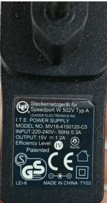 New 15V 1.2A LEI Speedport W European 2 Prong MC18-4150120-C5 Ac Adapter