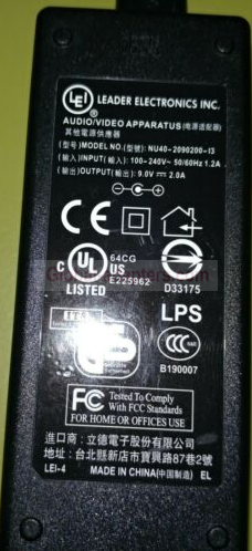New 9V 2A LEI NU40-2090200-L3 AC Adapter