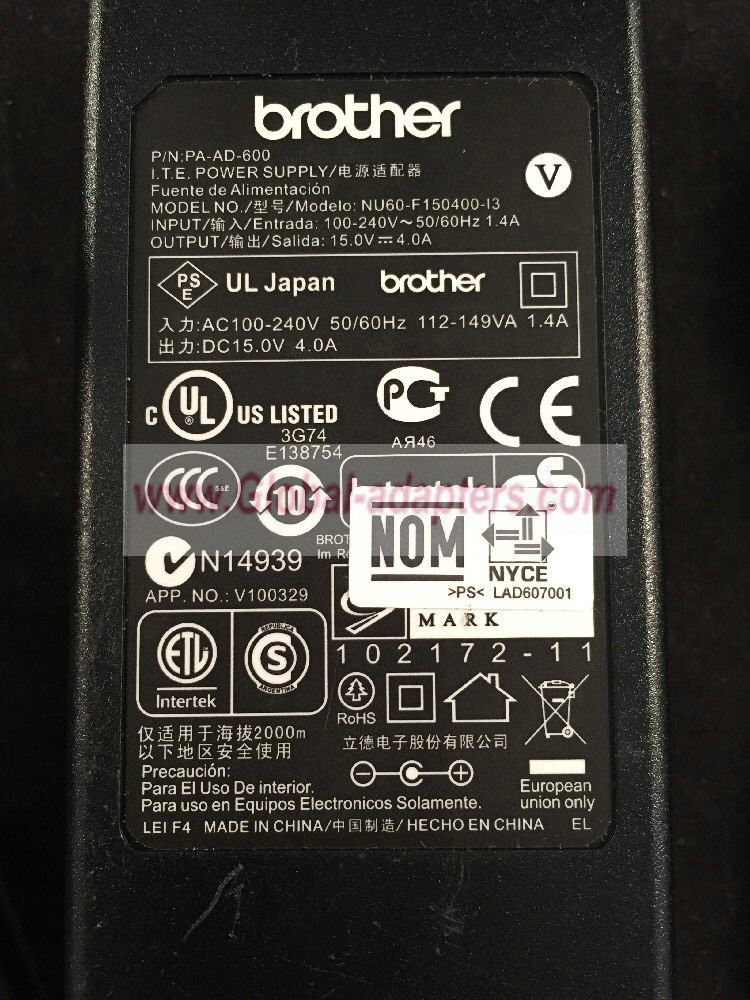 NEW 15V 4A Brother NU60-F150400-I3 AC Adapter