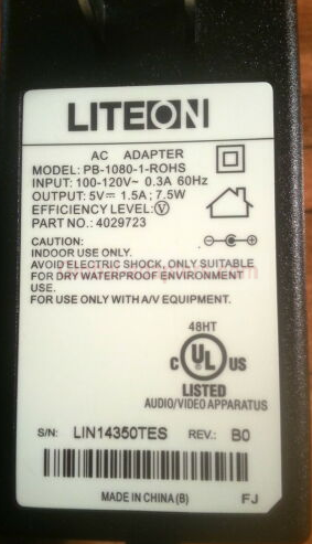 New 5V 1.5A LITEON P8-1080-1-ROHS 4029723 AC Adapter