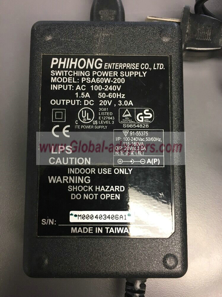 NEW 20V 3A PHIHONG PSA60W-200 AC Adapter