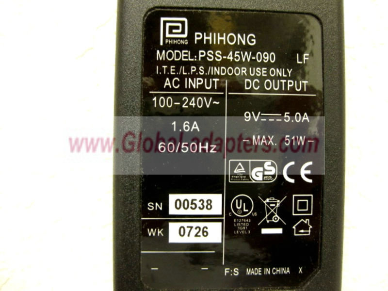 NEW 9V 5A PHIHONG PSS-45W-090 SINGLE AC ADAPTER - Click Image to Close