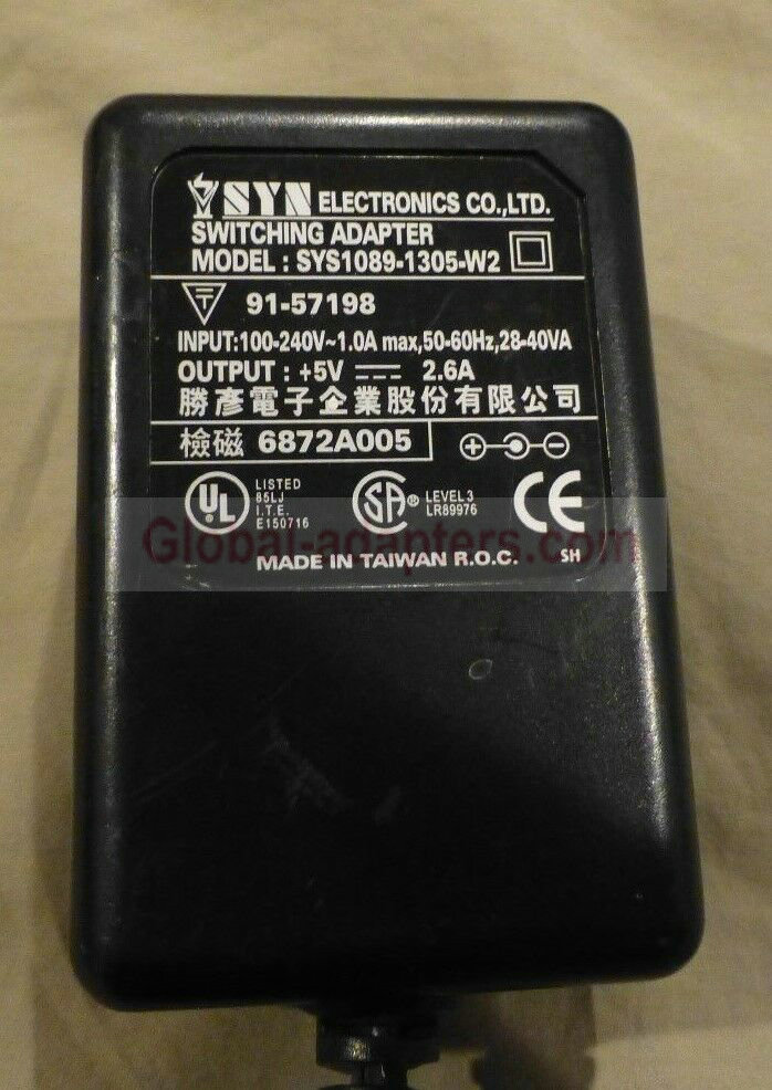 NEW 5V 2.6A SYN SYS1089-1305-W2 AC Adapter