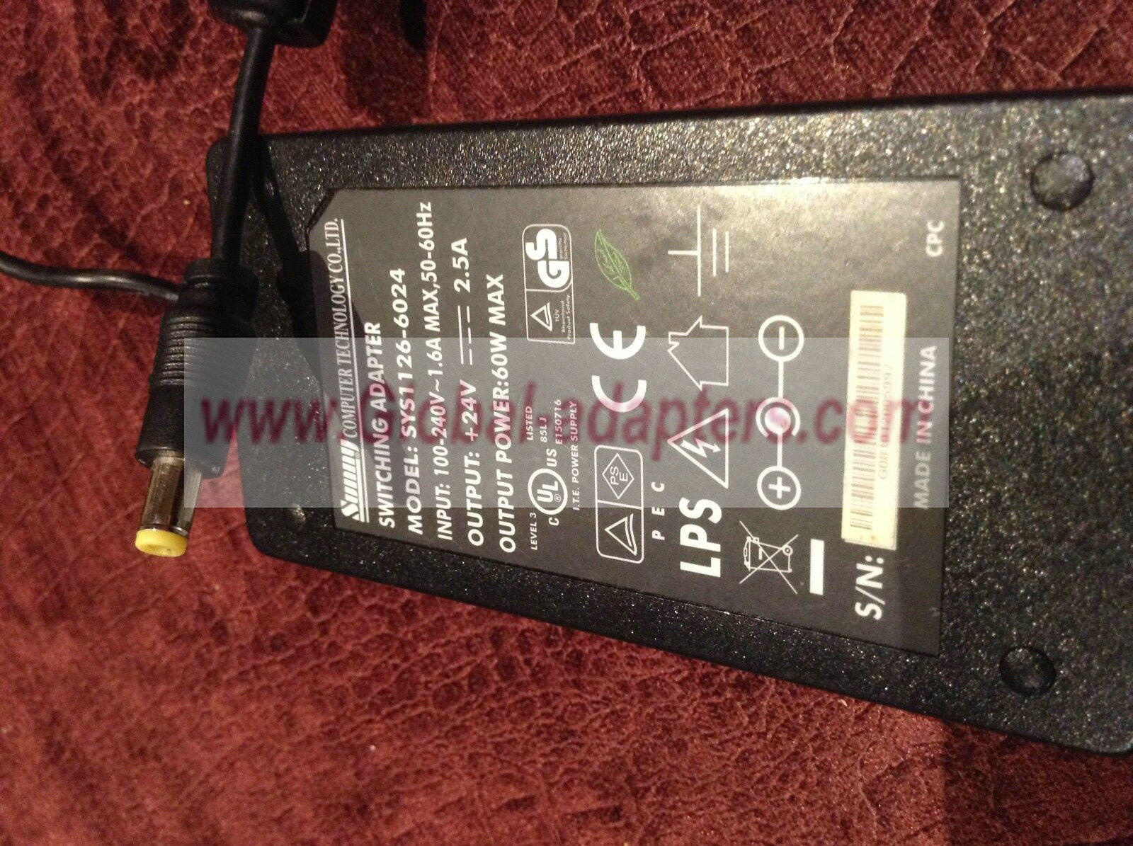 NEW 24V 2.5A SUNNY COMPUTER TECHNOLOGY SYS1126-6024 AC ADAPTER - Click Image to Close