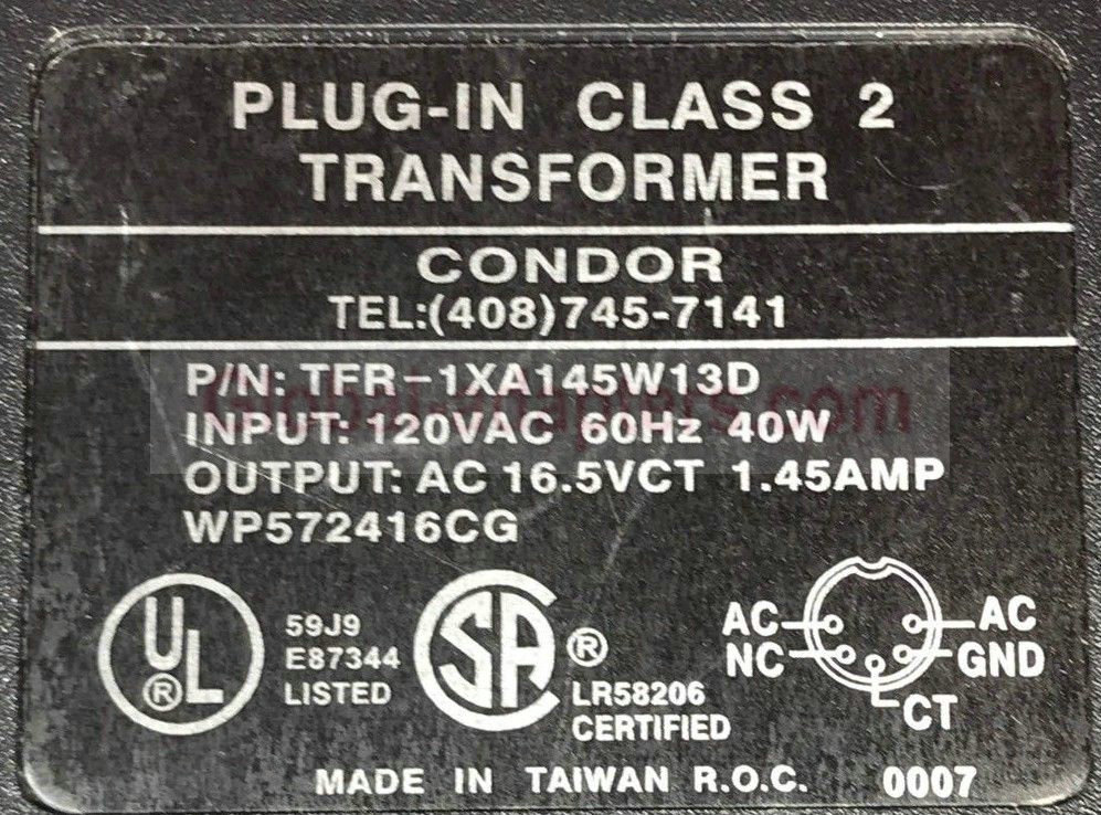 NEW 16.5V 1.45A Condor TFR-1XA145W13D Plug In Class 2 Transformer AC Adapter