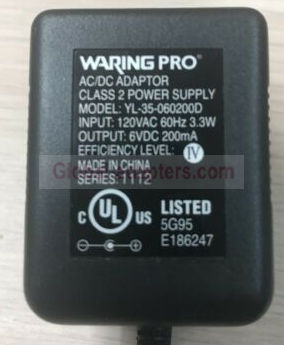NEW 6V 200mA Waring Pro YL-35-060200D AC Power Supply Adapter