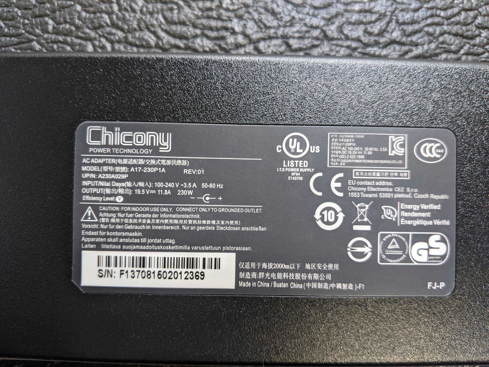 NEW Chicony AC Adapter A17-230P1A 19.5V DC 11.8A 230W MSI Clevo Gigabyte Charger MPN: A17-230P1A B - Click Image to Close