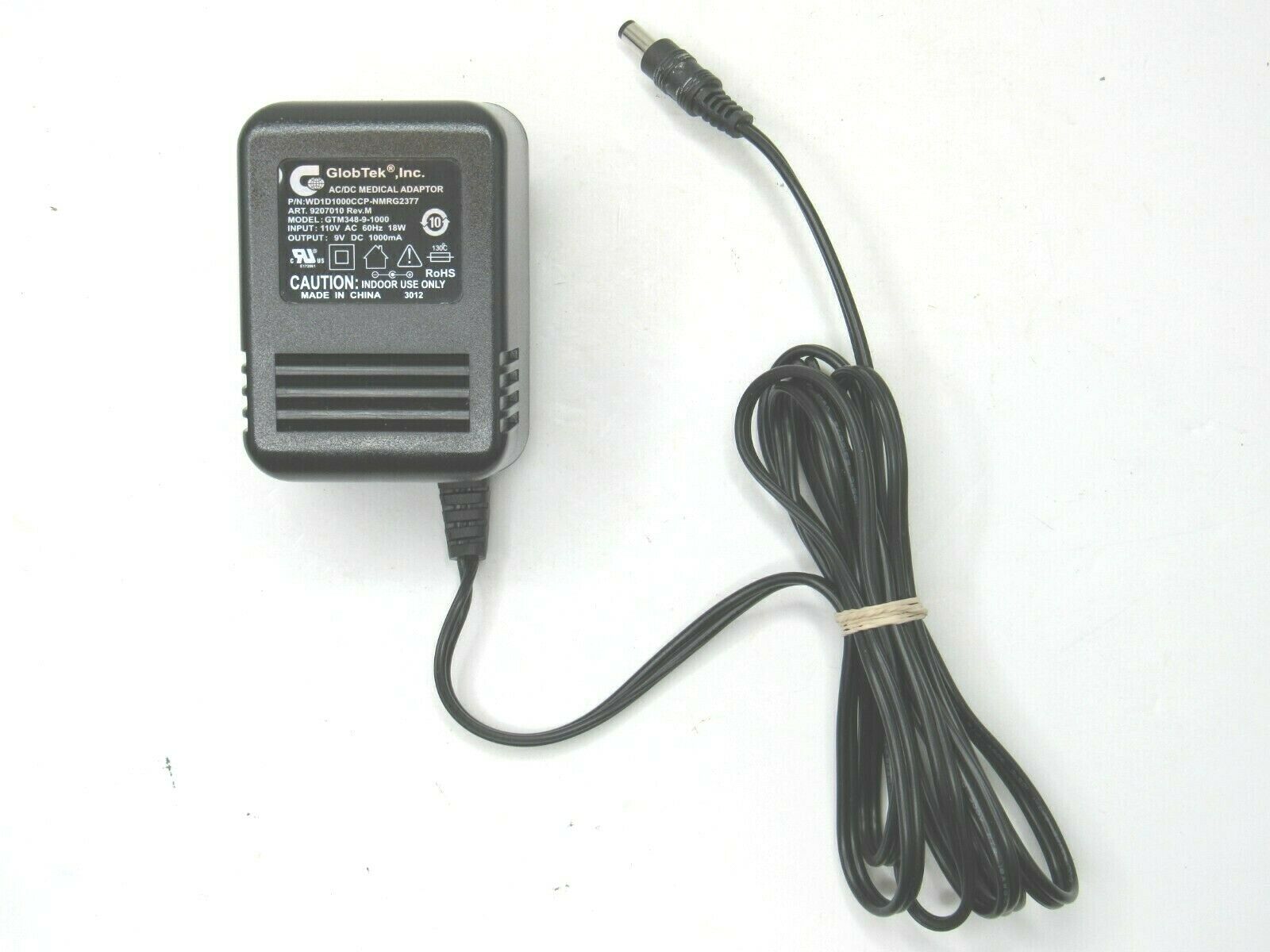 GlobTek Medical Adapter GTM349-9-1000 110V 9V DC Power Plug Supply Cord GENUINE Model: GTM349-9-10