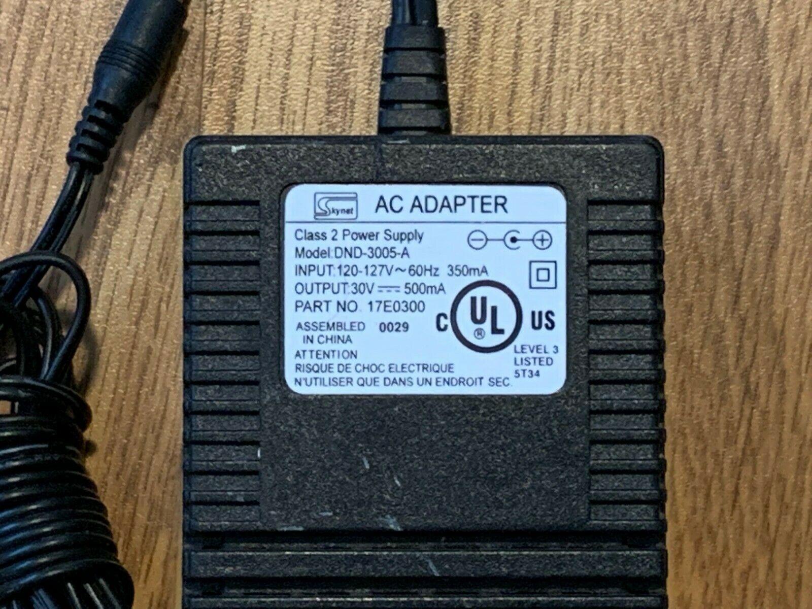 Skynet AC Adapter Class 2 Power Supply DND-3005-A 17E0300 Output: 30V 500mA Type: AC/AC Adapter M - Click Image to Close