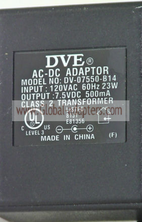 New Original 7.5V 500mA DVE DV-07550-B14 AC Adapter