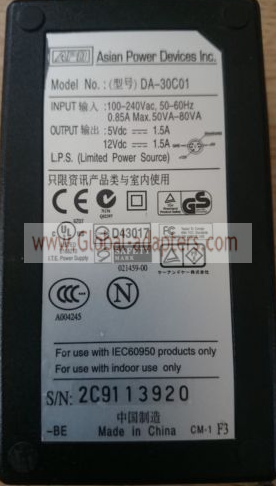 New Original 12V 1.5A APD Asian Power Devices DA-30C01 AC Adapter