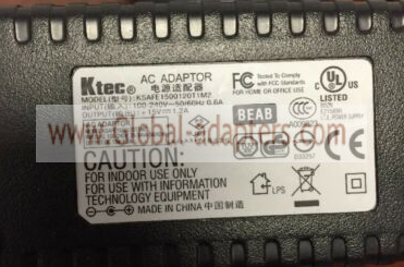 New Original 15V 1.2A Ktec KSAFE1500120T1M2 AC Adapter - Click Image to Close