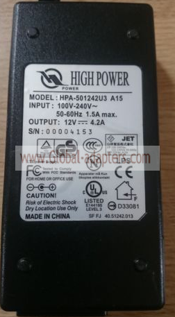 New Original 12V 4.2A HIGH POWER HPA-501242U3 A15 AC ADAPTER