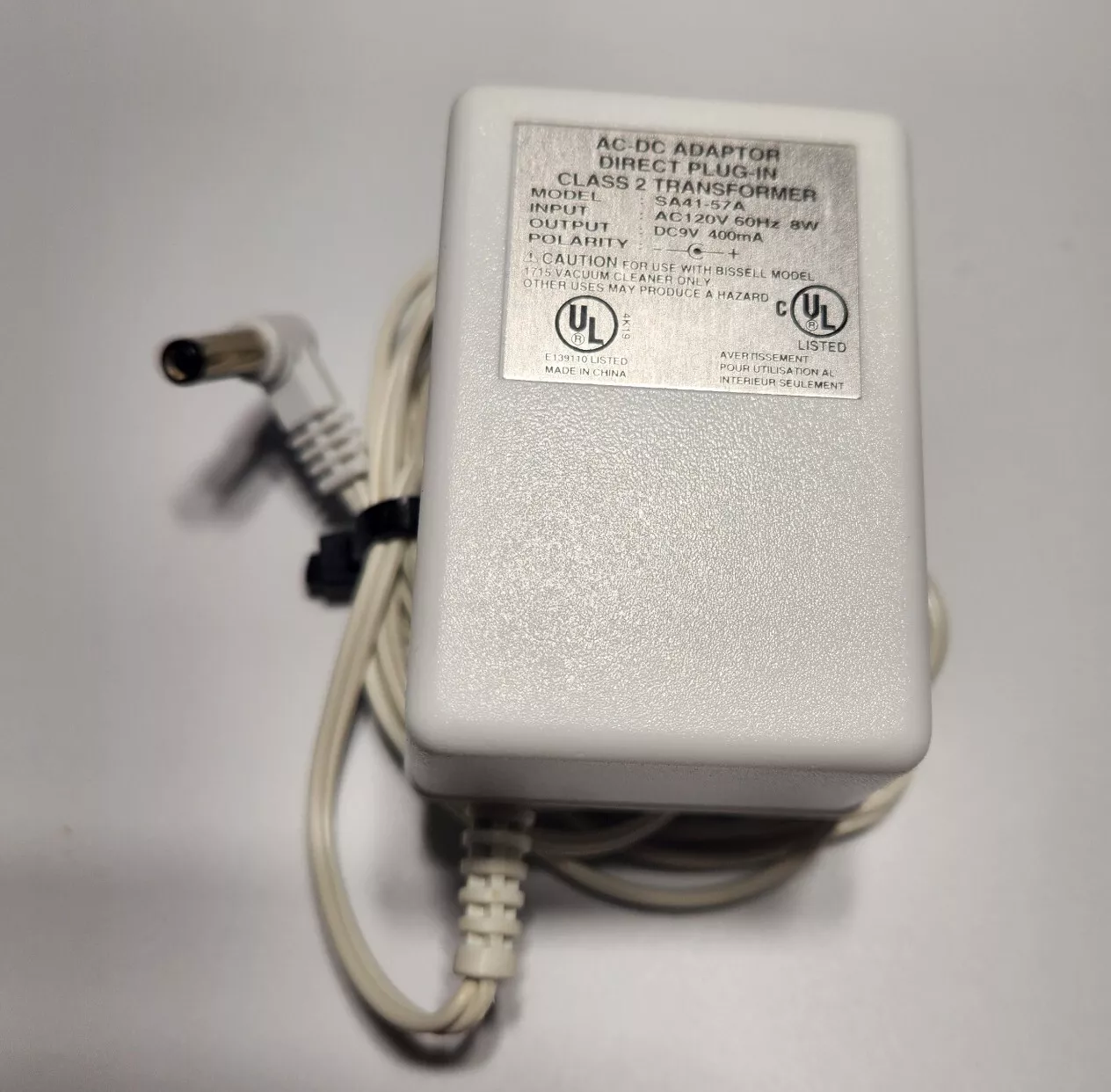 AC Power Supply Adapter Charger Cord SA41-57A Output 9V 400mA Brand Bissell Type Handheld Color Whi