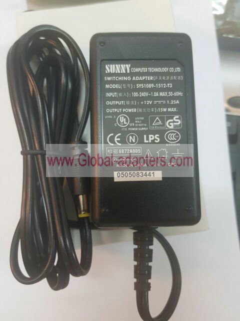 NEW SUNNY SYS1089-1512-T3 SWITCHING ADAPTER 12V 1.25A 15w AC ADAPTER - Click Image to Close